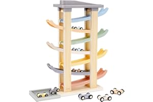 Joyreal Wooden Car Ramp Toy - Montessori Toys for 1 2 3 Years Old, Ramp Racer Toy Vehicle Set with 8 Mini Cars & Race Tracks & Car Garage, Toddler Travel Toys Gifts for Boys Girls