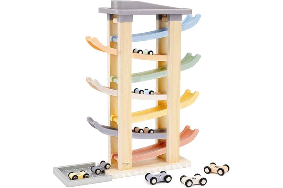 Joyreal Wooden Car Ramp Toy - Montessori Toys for 1 2 3 Years Old, Ramp Racer Toy Vehicle Set with 8 Mini Cars & Race Tracks & Car Garage, Toddler Travel Toys Gifts for Boys Girls