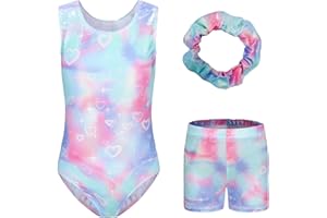 Sinoeem Trykot gimnastyczny dla dziewcząt, z długim rękawem/bez rękawów, strój do tańca, sportowe szorty i opaska na włosy, kolorowa, błyszcząca dla dziewcząt w wieku 5-12 lat