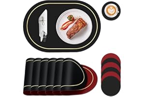 BEIJIE Placemats and Coaster Sets 6 | Dual-Sided Faux Leather Place Mats for Table 6 | Non-Slip Heat Resistant Wipeable Place Mat | Oval Dining Table Mats Set of 6 for Christmas Indoor Outdoor | Black&Red