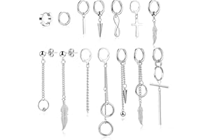 XiYee Pendientes Hombres, 14 Piezas Acero Inoxidable Cruz De Cadena Mujeres, de Colgante de Aro, Plumas Piercing Punk De Aro Plata(B)