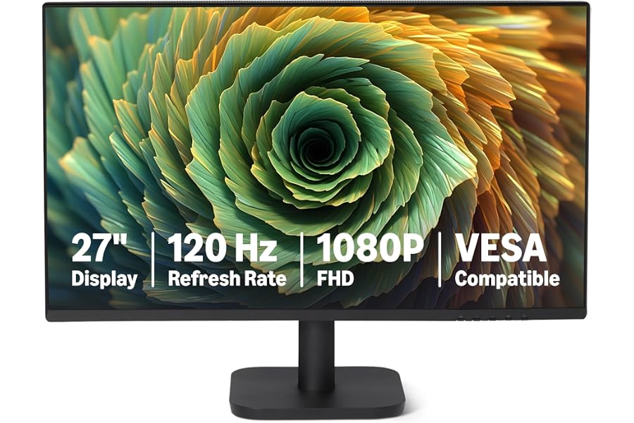 Amazon Basics Monitor de Ordenador de 27 Pulgadas, 120 Hz, FHD 1080P, Compatible con HDMI, DP, VGA, VESA, para Oficina y