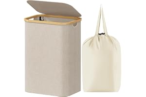 Lifewit 80L tvättkorg med lock, vikbar, bambuhandtag, beige | Smutstvätt med avtagbar väska, stor tvättkorg för sovrum, badrum, sovsal och tvättstuga
