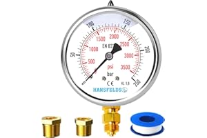 HANSFELDS Manomètre Hansfeld 0–250 bar/psi, cadran 63 mm, rempli de liquide, montage inférieur BSP 1/4 pouce, intérieur et montage en laiton, précision 1,6, inclut 2 réducteurs vers 3/8" et 1/2".