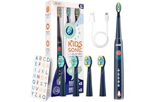 Seago brosse à dents électrique rechargeable pour enfants, brosse à dents électrique enfant avec autocollants DIY drôles, minuterie de 2 minutes, 4 têtes de brosse SG2303 (Bleu)