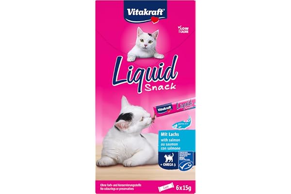 Vitakraft Liquid Snack, Snack cremoso para Gatos, con salmón y ácidos grasos Omega 3, en bolsitas Individuales, para una Piel Sana (1 Paquete de 6X 15g)