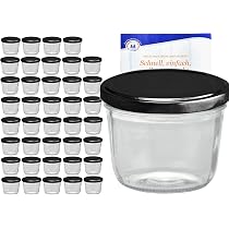 MamboCat Lot De 24 Bocaux En Verre 212ml Avec Couvercles Noirs TO66 Et Livret De Recettes