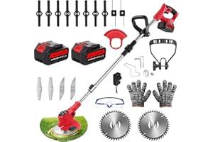 HIGHLANDHUE Cordless Garden Strimmers,Electric Cordless 48v Grass Strimmer with 2 X 2000mAh Battery, Adjustable Metal Blades,Garden Trimmer Telescopic Lightweight with Roller, 850W, for Gardens,Park Lawns (Red)