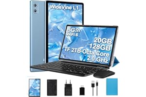 DEERTIME Tablette Android 14 Tablette 10 Pouces avec 20Go RAM+128Go ROM(TF/2To),Octa-Core, WiFi 6, 5G+2.4G WiFi, BT 5.0, GMS Certified, Widevine L1,Tablette Tactile 2 en 1 avec Clavier Souris et Cas-Bleu