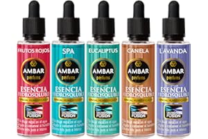 Ambar Perfums Juego 5 Esencias Hidrosolubles de 50 ml, bienestar natural. Tamaño XL. Tecnología Fusión para Humidificador. Aromas Canela, Eucalipto, Frutos Rojos, Lavanda, Spa