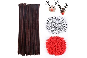 FALSKT 830 Scovolini Pipa Ciniglia Steli Set,150 Scovolini Marroni,360 Occhi Mobili Adesivi,360 Pompon Rosso,Scovolini Colorati per Lavoretti,per Artigianato Natalizio Fai da Te