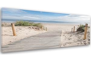 FEEBY FRAMES Feeby Cuadro En Lienzo Playa Arena Agua 150x60 cm 1 Pieza Modernos Impresión Artística Imagen Decoración de Pared Salon Dormitorio Cocina Oficina Pasillo Hierba Paisaje Vista Marrón Verde Azul
