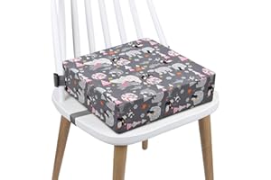 AOIEORD Rehausseur Chaise Enfant Coussin, en Toile de Coton Lavable avec 2 Sangles, Boucle de Sécurité, Motif de Dessin Animé Pour Enfant (Gris Bears) 111