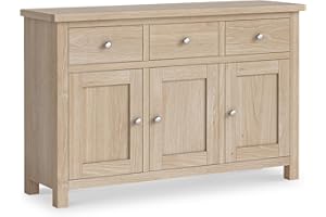 RoselandFurniture Farrow Oak Sideboard for Living Room Large Storage Cabinet | Fully Assembled 3 Door Solid Wooden Washed Oak Cupboard with 3 Drawers for Hallway or Dining Room