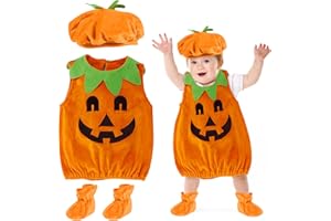 UieaMsio 3 Pezzi Pagliaccetto Neonati Halloween,Costume da zucca per bambini, Vestito Zucca Neonato,Halloween Costume Zucca Bimbo,con Cappello e Scarpa