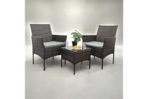Direct Furniture Deals Rattan Wicker 3 Piece Patio Bistro Set with Glass Top Table, 2 Cushioned Chairs (Black/Brown)