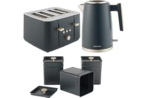 Salter COMBO-8684 Marino Kettle and Toaster Set – With Storage Canisters, Tea/Coffee/Sugar Tins, 1.7L Fast Boil Kettle, Limescale Filter, 4-Slice Toaster, Self-Centring Guides, 3kW/1850W, Blue Grey