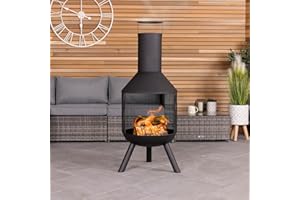 CHARLES BENTLEY Outdoor, Garden, 44.5cm Round Iron And Black Powder Coated Steel Modern Patio Heater, Chimenea, Wood And Charcoal Burner, Rust Resistant, 360 Degree Heat, In Black (116x44.5x44.5cm)