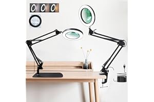 ZABOUL 2-IN-1 Magnifying Glass with Light and Stand, 10X Remote Control Magnifying Desk Lamp with Large Base & Clamp, 3 Color Stepless Dimmable Magnifier, Magnifying Glasses for Hobbies Reading (Black
