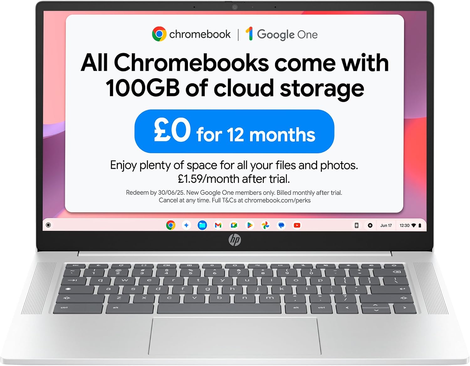 HP Chromebook 14" | Intel Processor N100 Processor| 4 GB RAM | 128 GB Flash Storage | Intel UHD Graphics | HD Display | Up to 12hrs battery | Chrome OS | Dual Speakers | Glacier Silver | 14a-nf0002sa