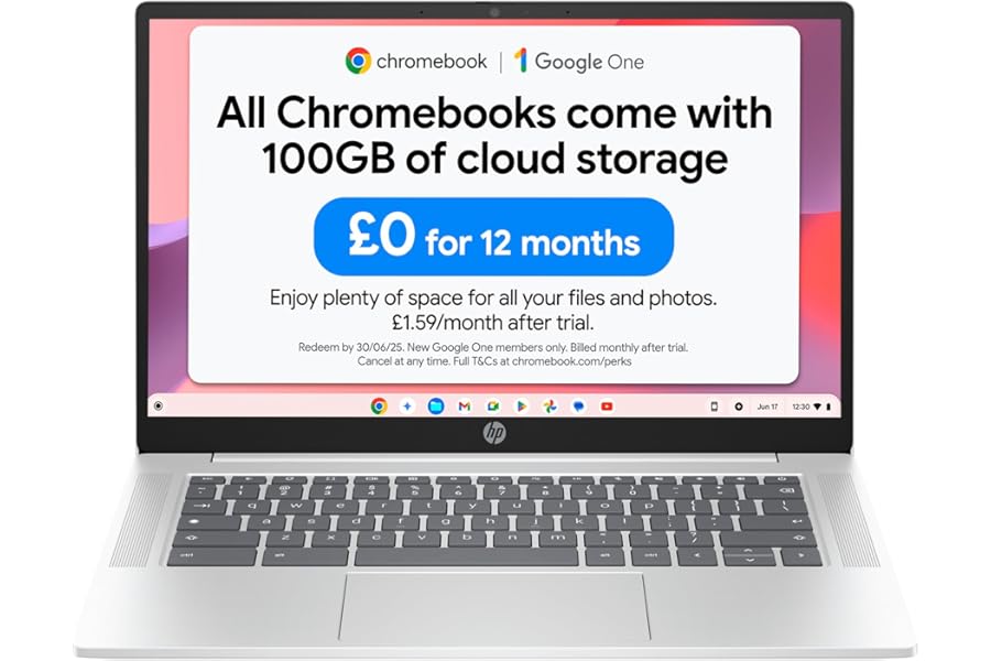 HP Chromebook 14" | Intel Processor N100 Processor| 4 GB RAM | 128 GB Flash Storage | Intel UHD Graphics | HD Display | Up to 12hrs battery | Chrome OS | Dual Speakers | Glacier Silver | 14a-nf0002sa
