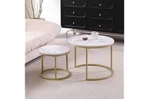 GrandCA HOME Set di 2 Tavolini Rotondi a Incastro con Piano in Finto Marmo, Tavolino da Caffè per Soggiorno, Oro (60x60x45cm e 40x40x35cm)