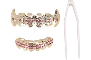 HURRISE Gold Teeth Grillz, Gold Teeth Brace Set Hip Hop 14K Gold Plated Beautymisc Decoration Jewelry For Halloween For Teethers Party Hip Hop Show(Pink)