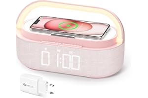 COLSUR Digital Radio Alarm Clock with Wireless Charger, Bluetooth Speaker with USB Charger, Smart Alarm Clock, Snooze Function, Inductive Charging Station, Night Lamp, Dimmable LED Display and Battery