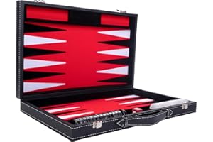 Engelhart - 250510 - Grand Backgammon de Luxe 18 Pouces - 45 cm - Rouge - Simili Cuir & Feutre Incrusté - Dés & Jetons Nacrés + 2 Gobelets - Jeu de Stratégie - Pro & Loisirs - Jeux de Backgammon