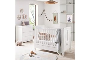 Babymore Eva 2 Piece Nursery Room Set White - 1 Baby Cot Bed & 1 Chest Changer With 3 Double Handle Drawers, Wooden Chest Of Drawer Storage Cabinet | 2 Piece Nursery Room Furniture White