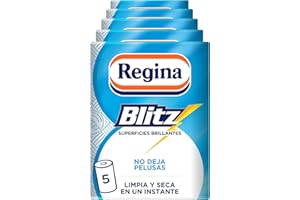 Regina Blitz Papel de Cocina | 5 Rollos | 100 Maxi-Hojas de 3 Capas | Ideal para Limpiar Superficies Domésticas | Sin Pelusas | Embalaje de Papel Reciclable