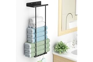 FINEW Towel Rack Wall Mounted,Height Adjustable(35-75CM) Bathroom Towel Storage, Towel Holder Self Adhesive with Shelf and 3 Hooks, Metal Towel Rail Wall Mounted for Rolled Salon Towels Bath Sheets