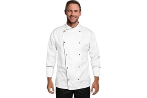 BWOLF NOBU kockjacka, unisex, kockkläder, professionell hotelluniform med långa ärmar och kontrasterande röda knappar, kockjacka för män och kvinnor – vit