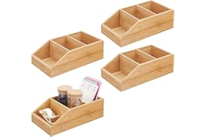 mDesign Juego de 4 cajas organizadoras grandes de madera de bambú – Organizador de cocina y despensa con 3 compartimentos y diseño abierto – Caja de madera ecológica para alimentos – color natural