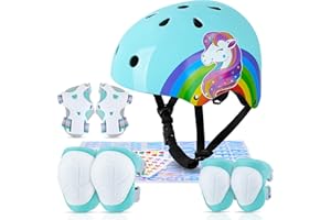 MHJY Casco Bicicleta Niño Casco de Bici Edad 3-8 Años Rodilleras y Coderas de Unicornio Equipo de Protección Ajustable con Pegatinas DIY para Niñas Ciclismo, Skate, Patinete, Patines