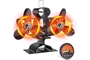 SOPPY Heat Powered Wood Stove Fan with Stove Thermometer, Dual Motor Thermal Fan 6-Blades Stove Fan for Fireplace Wood Burning Stove Log Burner Eco Friendly Heat Circulation Efficient Fan - Black