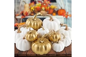 Benjia 16 szt. jesiennych dekoracji dyni, dekoracyjne, duże, małe, na zewnątrz, biała i złota, pianka, tworzywo sztuczne, sztuczne dynie, na Halloween, jesień, dożynki, dekoracja stołu do domu