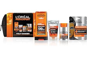 L’ORÉAL PARIS MEN EXPERT L'Oreal Men Expert Gift Set for Men, Hydra Energetic Fully Charged Washbag: Shower Gel, Moisturiser for Men, Sheet Face Mask and Face Wash