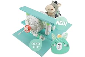 Windeltorte ® Samolot z pluszakiem - pluszowe zwierzątko - prezent z okazji narodzin dziecka - baby shower - impreza z pullerem (miętowy/neutralny)