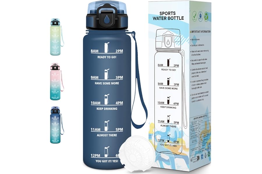 Baramumu Water Bottle, 1000ML BPA Free, Sports Water Bottle, Leak Proof Lock Design, Motivational Bottle, with Time Mark, Water Bottle for School, Yoga, Camping - Navy Blue