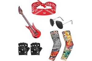 QXCFTW 7Pcs Rock Star Heavy Metal Set, Punk Accessories with Retro Sunglasses Gloves Inflatable Guitar, Punk Gothic Rocker Costume Set, Kids Rock Star Costume for Women Men Halloween 80s Disco Party