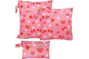 FanChose 3 Pcs Baby Wet Dry Cloth Diaper Bag, Reusable Diaper Wet Bag, Washable Diaper Nappy Bags Waterproof Travel Carry Bag, Foldable Portable Nappy Pouch, Pink Fruits