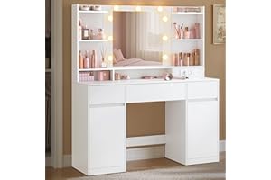VASAGLE Kailyn Kollektion - Schminktisch mit Spiegel und LED-Leuchten, Steckdosenleiste, 2 Schränke, 9 dimmbare Glühbirnen, 3 Lichtfarben, werkzeuglose Gleitschienen, wolkenweiß RDT142WB02