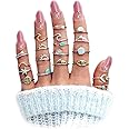 Boho Retro Stackable Rings Sets For Teen Girls Women,Peak Sea Wave Compass Turquoise Rhinestone Knuckle Joint Finger Kunckle Nail Ring Sets,Metal,Alloy, Metal, turquoise alloy