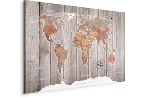 CUADROS B&D XXL B&D XXL - Tableau décoratif Carte du monde 120x80 cm - Impression sur toile colorée - Décoration murale pour salon et chambre - Noir beige marron - Bois continents cartes monde fond k-C-0050-b-b