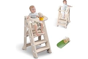 hoopyosms 2-in-1 Torre di Apprendimento Pieghevole per Bambini, Sgabello Montessori Regolabile in Altezza, Scala Montessoriana Versatile con Kit di Seduta e Vassoio per Bambini, Beige