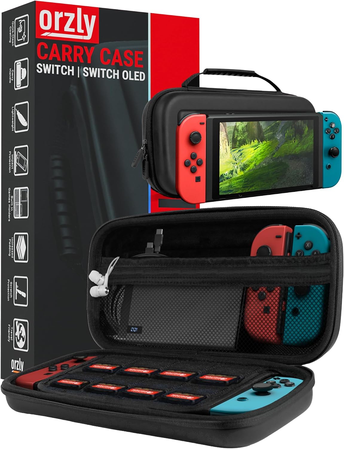 Orzly Carry Case Compatible with Nintendo Switch and New Switch OLED Console - Black Protective Hard Portable Travel Carry Case Shell Pouch with Pockets for Accessories and Games