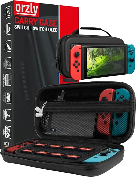 Orzly Carry Case Compatible with Nintendo Switch and New Switch OLED Console - Black Protective Hard Portable Travel Carry Case Shell Pouch with Pockets for Accessories and Games - 1