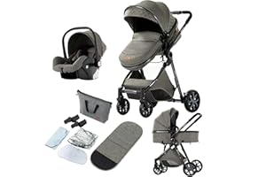 Reenborn Poussette 3 en 1, Poussette Bebe avec Réversible Deux Façons de Pousser, Pousette avec Cadre Aluminium Haute Paysage, Pousette 3 en 1 avec Conception Pliable en Un Clic (V9 Deep Grey)