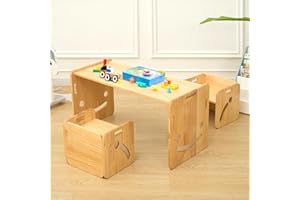 FUNLIO Montessori Höhenverstellbares kindertisch mit 2 stühlen für 1-3 Jährige, hochwertiger Massivholz Kinder Tisch Stuhl Set, zum Lesen/Essen/Spielen, einfach aufzubauen - Langer Tisch